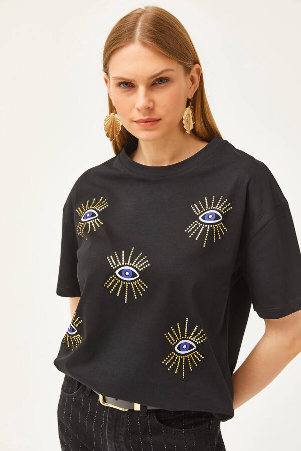 Women's Black Eye Print Foil Detail T-Shirt TSH-19000770 - 3