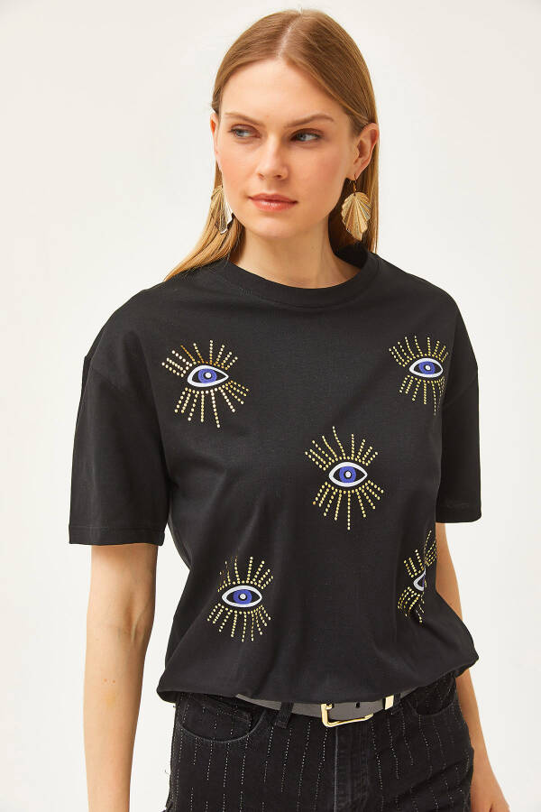 Women's Black Eye Print Foil Detail T-Shirt TSH-19000770 - 4