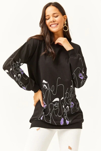 Women's Black Face Figure Oversize Sweatshirt SWT-19000632 - 2