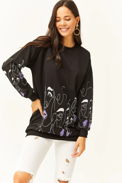 Women's Black Face Figure Oversize Sweatshirt SWT-19000632 - 3