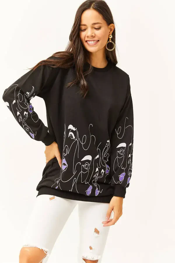 Women's Black Face Figure Oversize Sweatshirt SWT-19000632 - 3