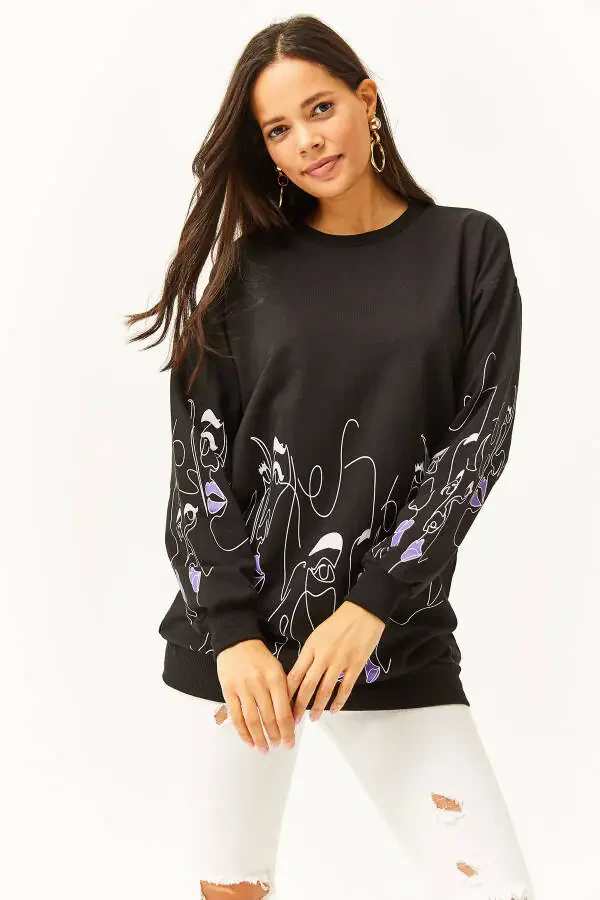 Women's Black Face Figure Oversize Sweatshirt SWT-19000632 - 5