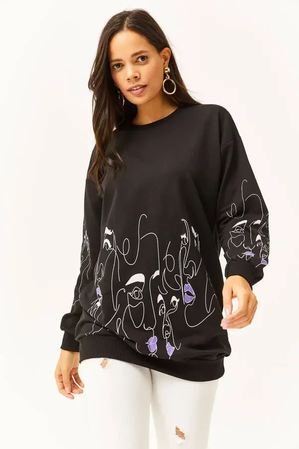 Women's Black Face Figure Oversize Sweatshirt SWT-19000632 - 6