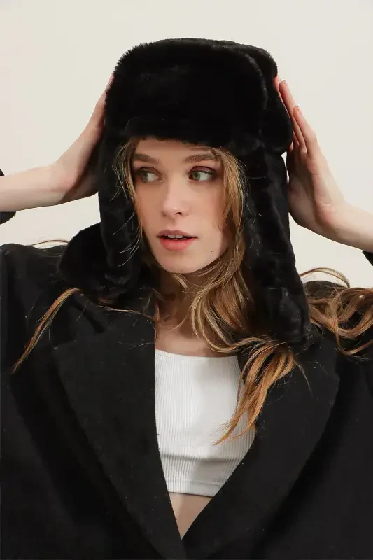 Women's Black Faux Fur Earflap Hat ALC-A2469 - TREND ALAÇATI STILI