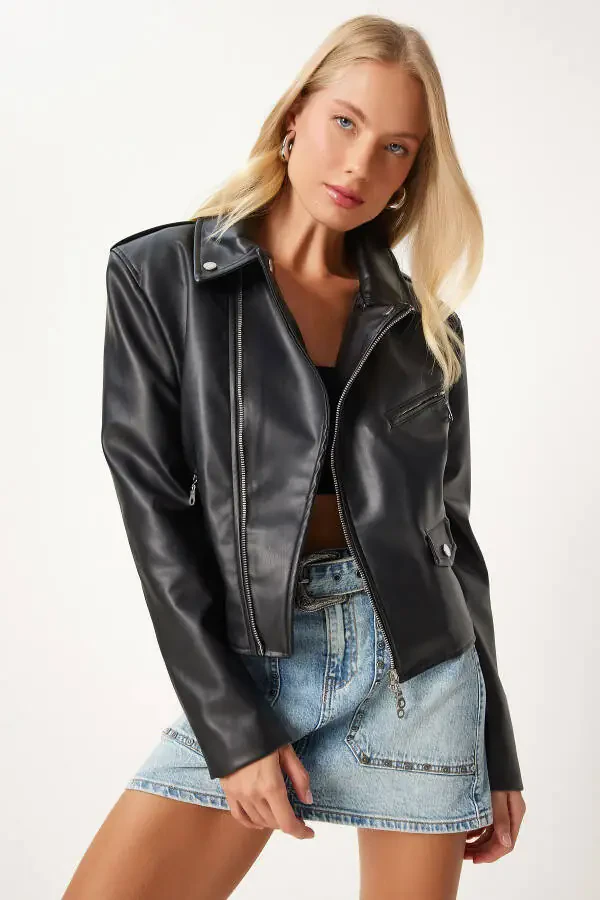 Women's Black Faux Leather Crop Biker Jacket FN03305 - 1