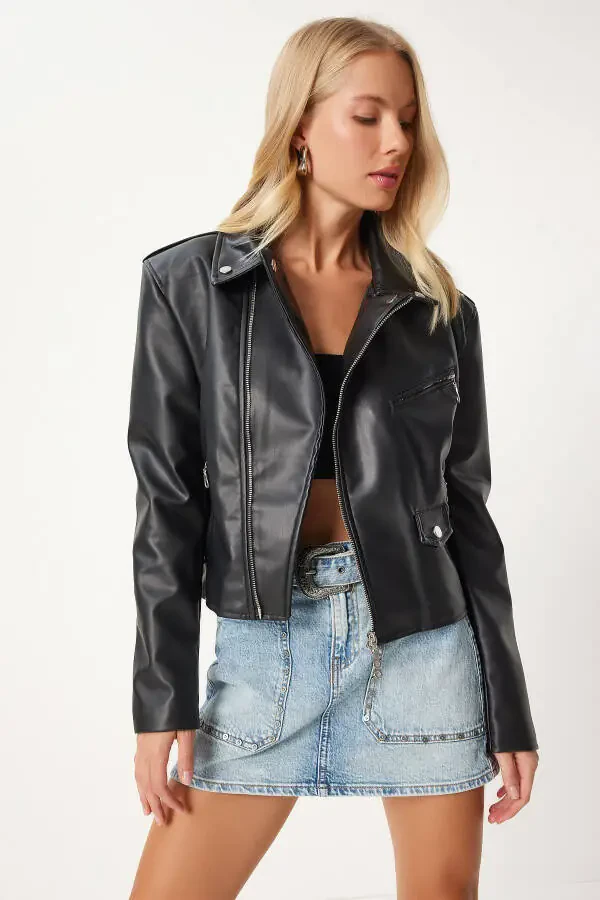 Women's Black Faux Leather Crop Biker Jacket FN03305 - 2