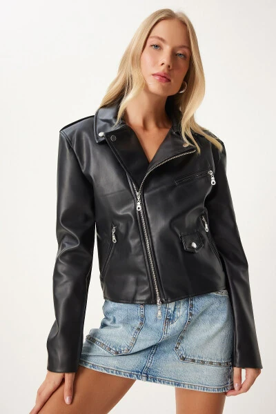 Women's Black Faux Leather Crop Biker Jacket FN03305 - 3