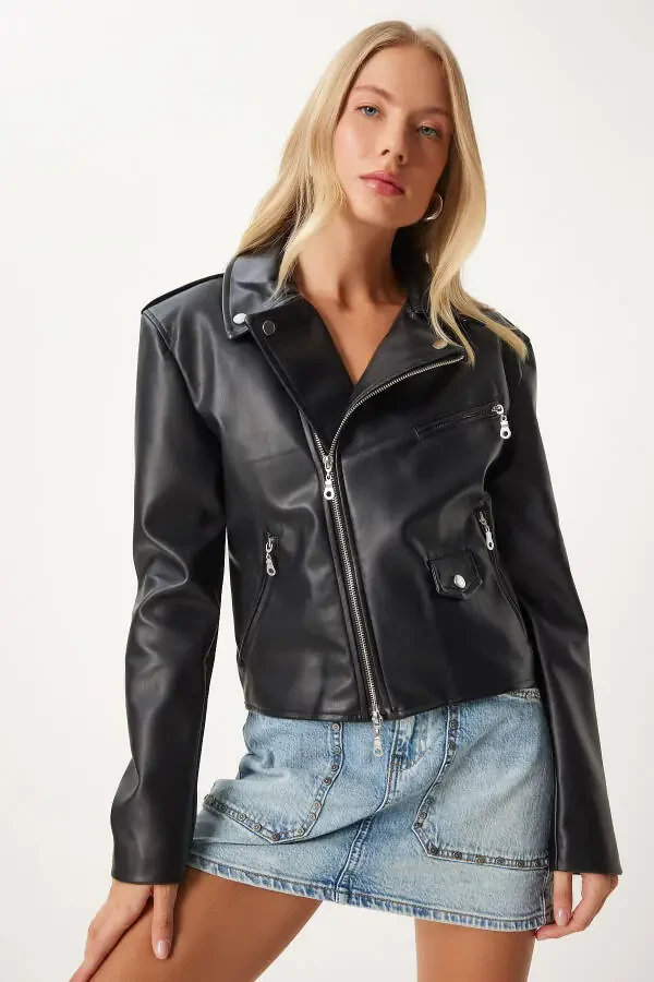 Women's Black Faux Leather Crop Biker Jacket FN03305 - 3
