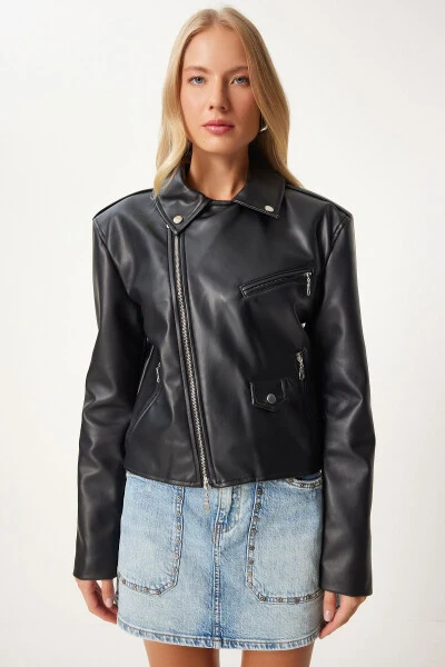 Women's Black Faux Leather Crop Biker Jacket FN03305 - 4