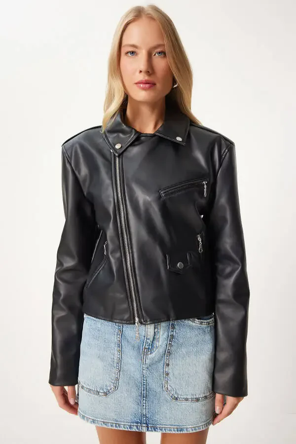 Women's Black Faux Leather Crop Biker Jacket FN03305 - 4