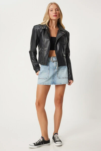 Women's Black Faux Leather Crop Biker Jacket FN03305 - 5