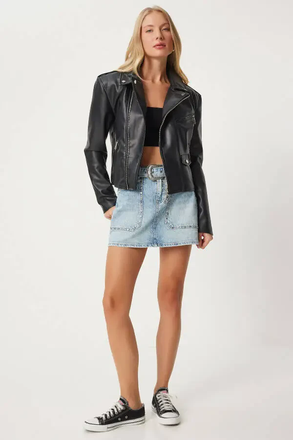 Women's Black Faux Leather Crop Biker Jacket FN03305 - 5