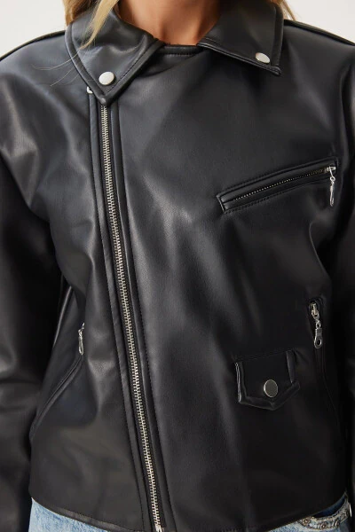 Women's Black Faux Leather Crop Biker Jacket FN03305 - 6