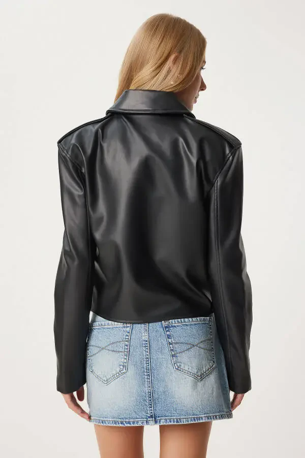 Women's Black Faux Leather Crop Biker Jacket FN03305 - 7