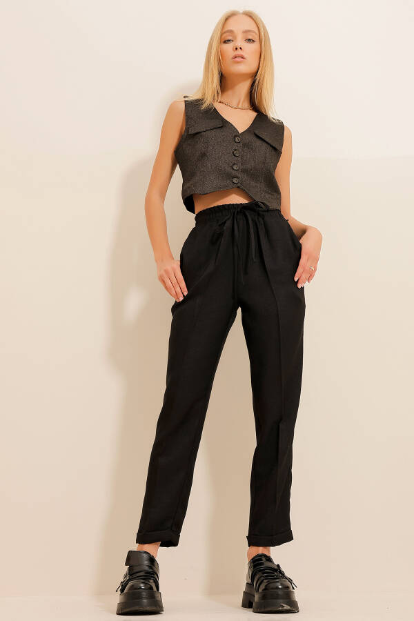 Women's Black Fishbone Pattern Elastic Waist Double Leg Trousers ALC-X11065 - 3