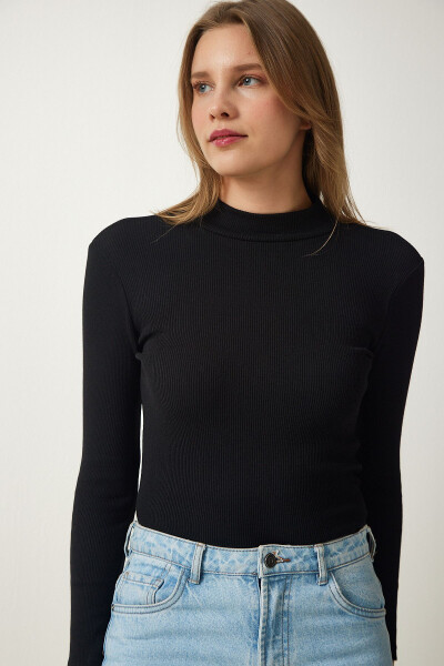 Women's Black Fisherman Ribbed Knit Blouse GT00054 