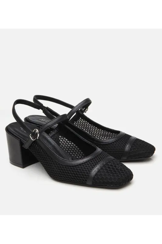 Women's Black Fishnet Open Back Heels - 2