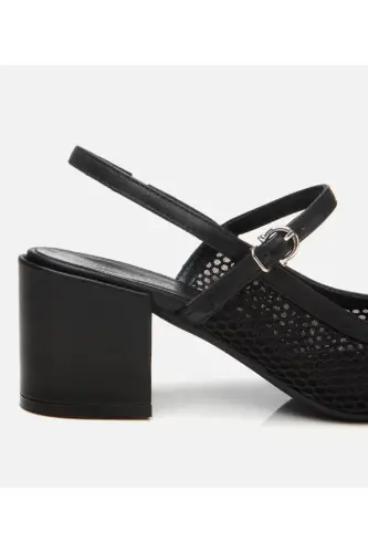 Women's Black Fishnet Open Back Heels - 4