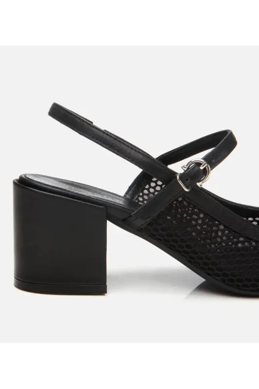 Women's Black Fishnet Open Back Heels - 4