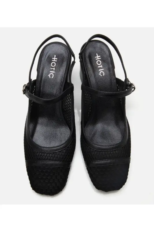 Women's Black Fishnet Open Back Heels - 8