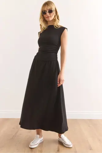 Women's Black Fitted Waist Steel Interlock Dress 