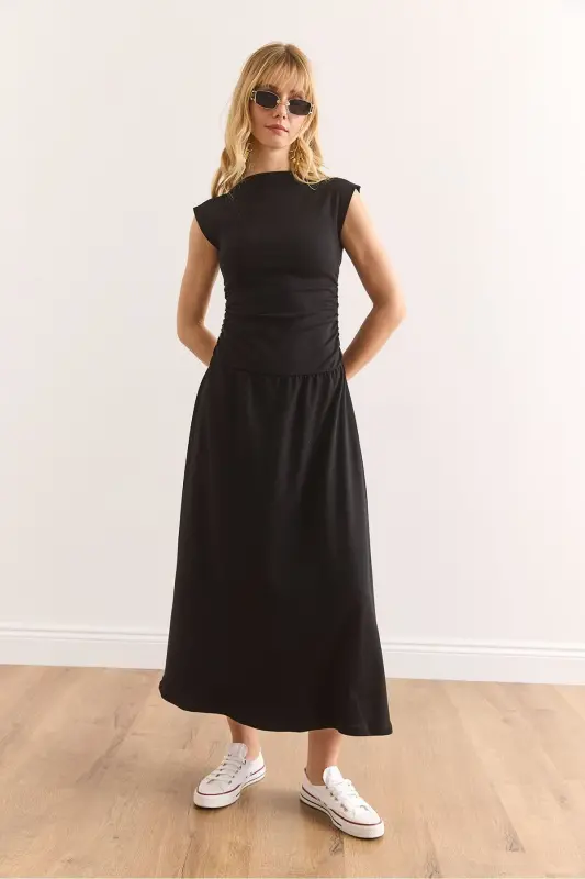 Women's Black Fitted Waist Steel Interlock Dress - 2