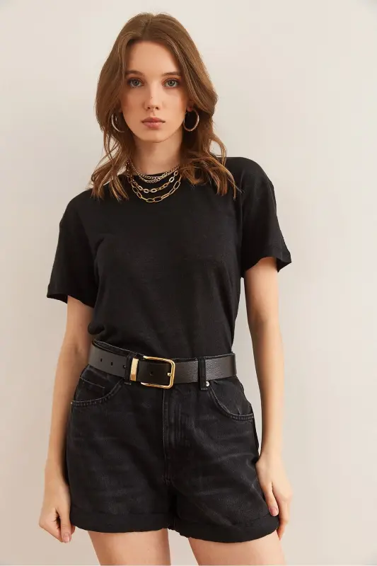 Women's Black Flag Detailed Dropped Shoulder Crew Neck Crop T-Shirt - 3