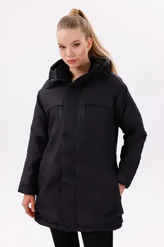 Women's Black Fleece Lined Waterproof Windproof Hooded Winter Coat & Jacket & Parka - 1