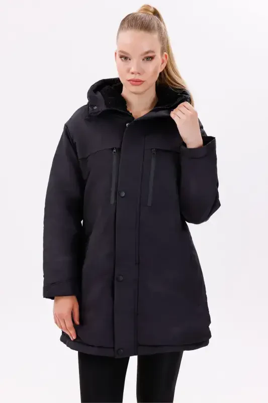 Women's Black Fleece Lined Waterproof Windproof Hooded Winter Coat & Jacket & Parka - 2