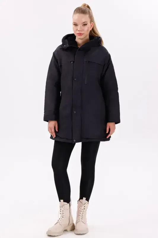 Women's Black Fleece Lined Waterproof Windproof Hooded Winter Coat & Jacket & Parka - 3