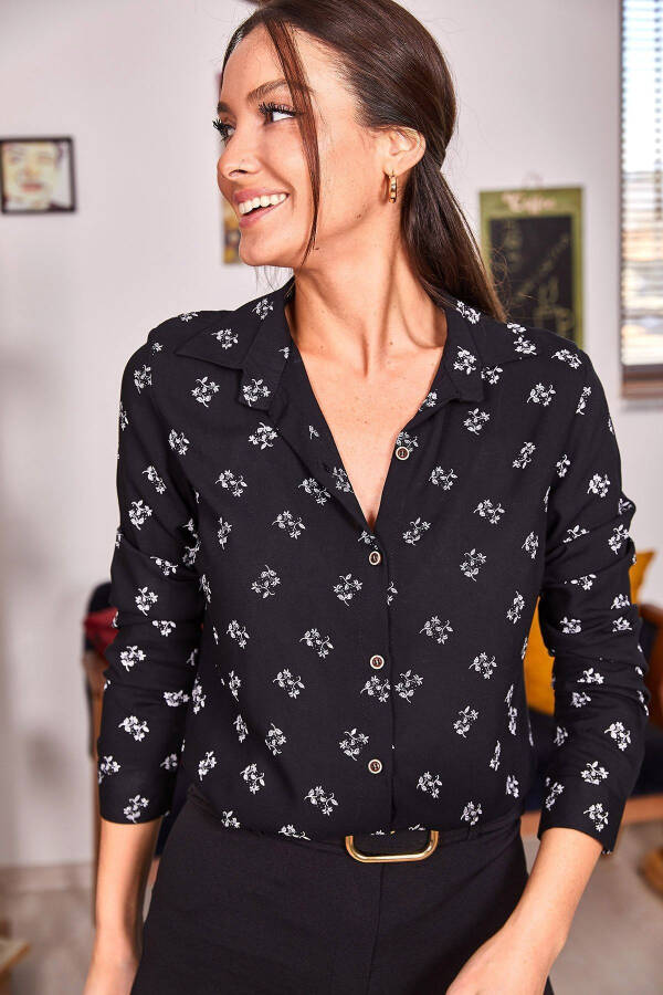 Women's Black Floral Print Long Sleeve Shirt ARM-22K001063 - 7