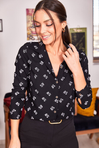 Women's Black Floral Print Long Sleeve Shirt ARM-22K001063 - 9