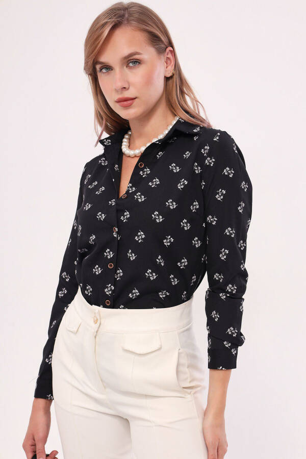 Women's Black Floral Print Long Sleeve Shirt ARM-22K001063 - 1