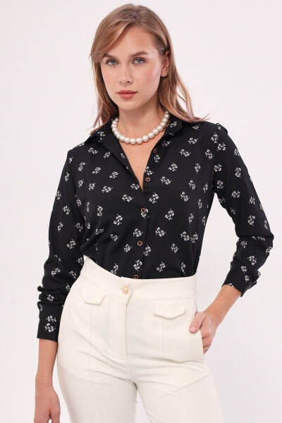 Women's Black Floral Print Long Sleeve Shirt ARM-22K001063 - 3