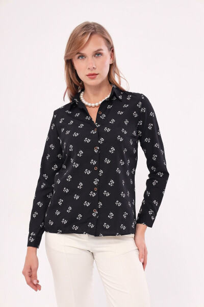 Women's Black Floral Print Long Sleeve Shirt ARM-22K001063 - 4