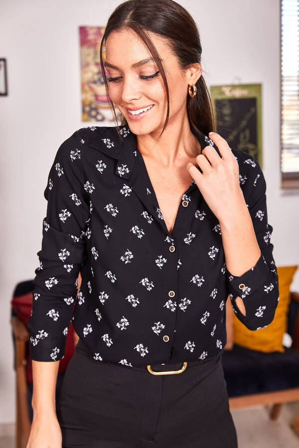 Women's Black Floral Print Long Sleeve Shirt ARM-22K001063 - 15