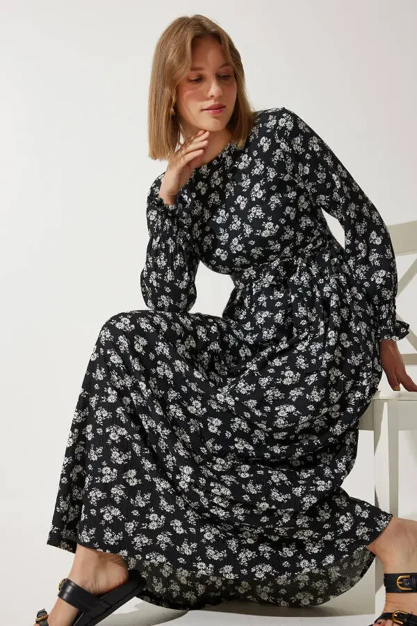 Women's Black Floral Summer Long Knit Dress DD0132 - 1