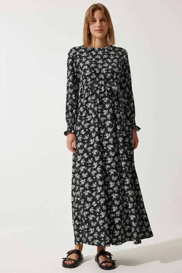 Women's Black Floral Summer Long Knit Dress DD0132 - 3