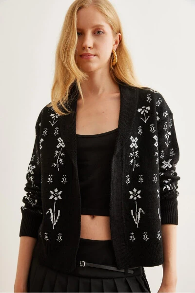 Women's Black Flower Pattern Shawl Collar Knit Cardigan HRK-19000294 - Olalook