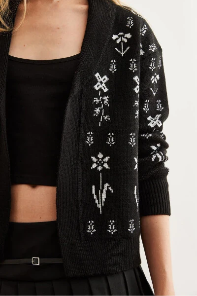 Women's Black Flower Pattern Shawl Collar Knit Cardigan HRK-19000294 - 4