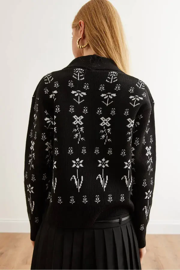 Women's Black Flower Pattern Shawl Collar Knit Cardigan HRK-19000294 - 5