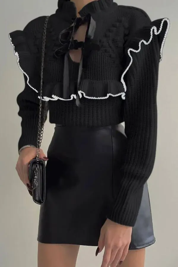 Women's Black Frilled Detail Selanik Knit Sweater - 1