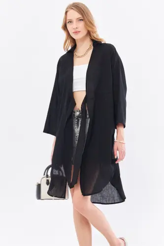 Women's Black Front-Tied Midi Linen Dress 