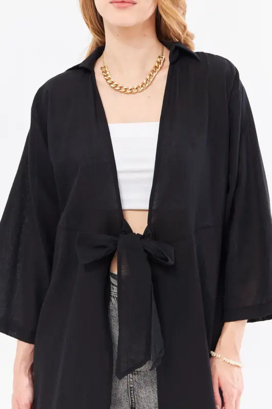 Women's Black Front-Tied Midi Linen Dress - 2