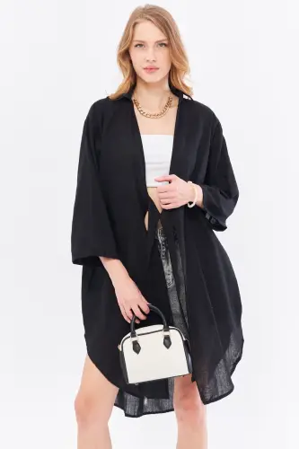 Women's Black Front-Tied Midi Linen Dress - 3