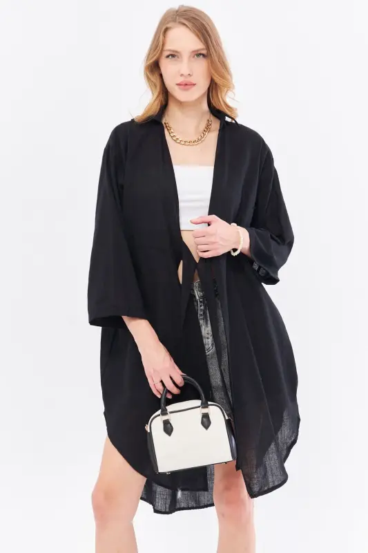 Women's Black Front-Tied Midi Linen Dress - 3