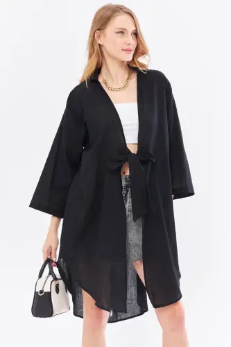 Women's Black Front-Tied Midi Linen Dress - 4