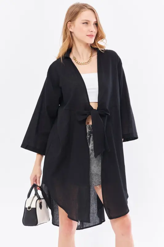 Women's Black Front-Tied Midi Linen Dress - 4