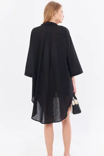 Women's Black Front-Tied Midi Linen Dress - 5