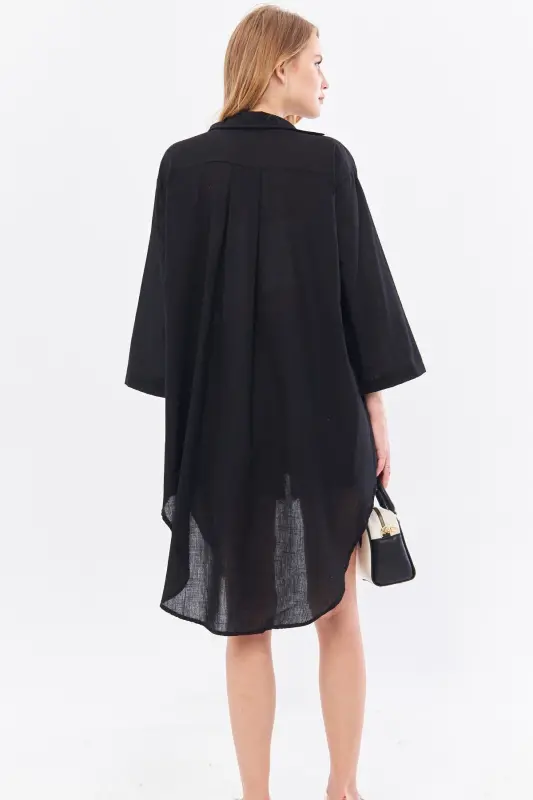 Women's Black Front-Tied Midi Linen Dress - 5